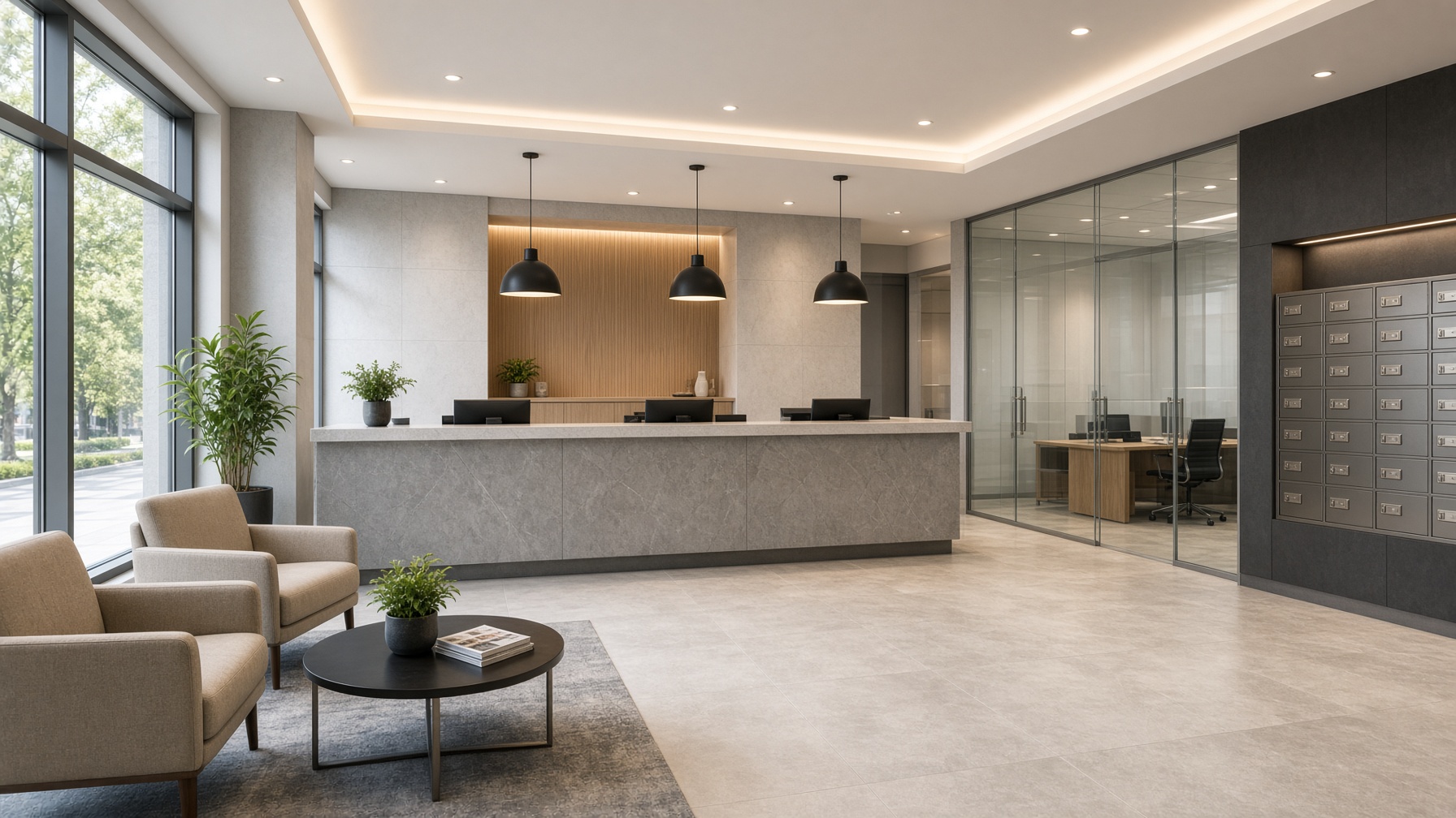 A contemporary bank branch lobby.